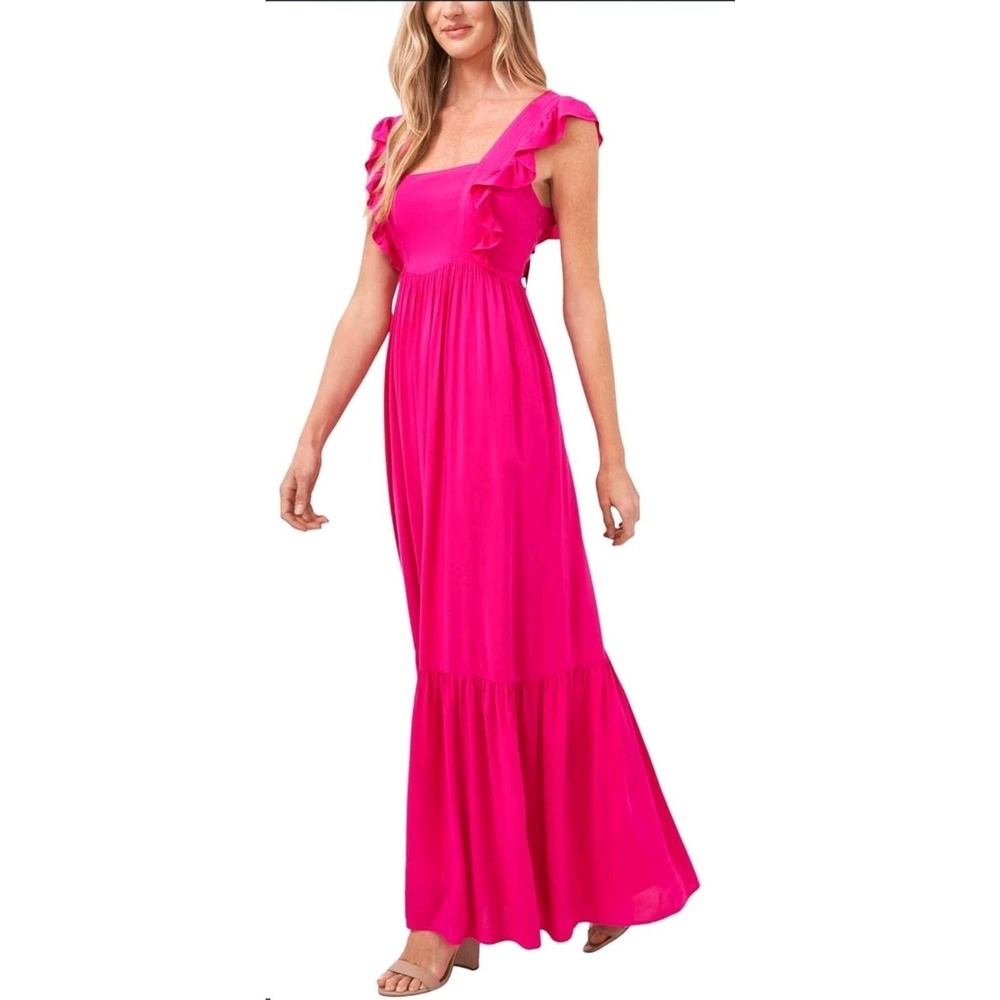 Cece Womens Sleeveless Ruffle Tiered Maxi Dress Sz XL Flutter Sleeve Bright Rose